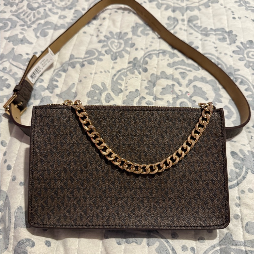 Michael Kors Brown MK Signature Fanny Pack Belt Bag Medium with gold chain L/XL
